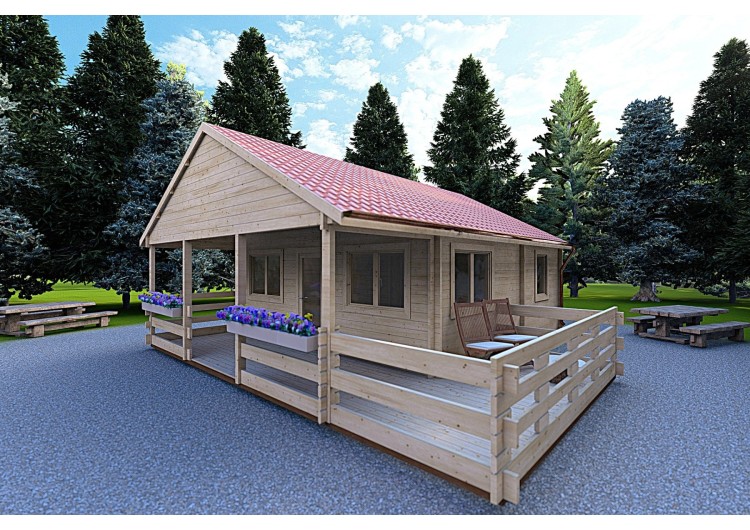 Casa di legno SMERALDA 6x6 con mezzanino calpestabile 14.35 m² e terrazza 17 m² 44 mm, fronte lato destro