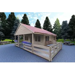 Casa di legno SMERALDA 6x6 con mezzanino calpestabile 14.35 m² e terrazza 17 m² 44 mm, fronte lato destro