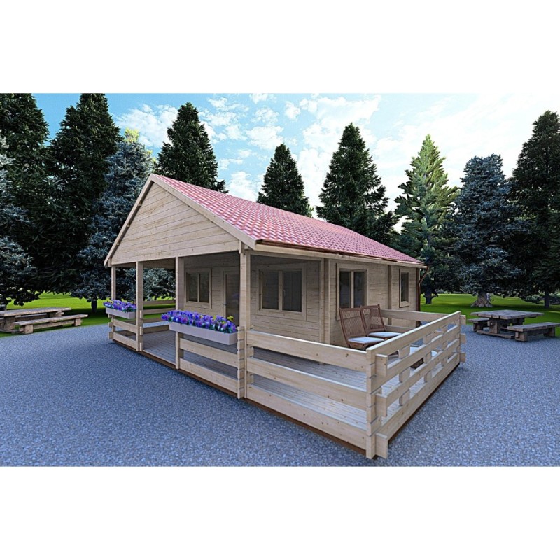 Casa di legno SMERALDA 6x6 con mezzanino calpestabile 14.35 m² e terrazza 17 m² 44 mm, fronte lato destro
