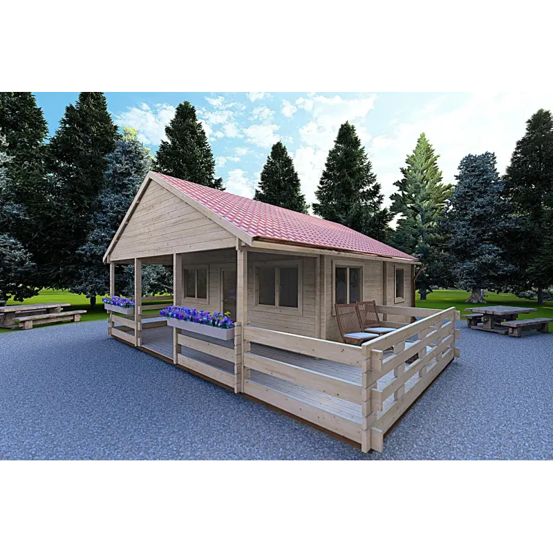 Casa di legno SMERALDA 6x6 con mezzanino calpestabile 14.35 m² e terrazza 17 m² 44 mm, fronte lato destro