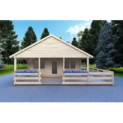 Casa di legno SMERALDA 6x6 con mezzanino calpestabile 14.35 m² e terrazza 17 m² 44 mm, vista frontale