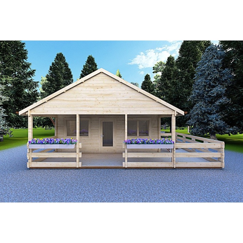 Casa di legno SMERALDA 6x6 con mezzanino calpestabile 14.35 m² e terrazza 17 m² 44 mm, vista frontale