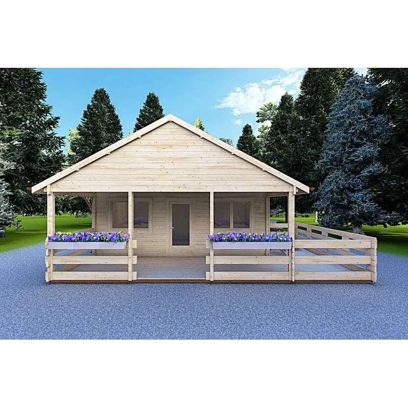 Casa di legno SMERALDA 6x6 con mezzanino calpestabile 14.35 m² e terrazza 17 m² 44 mm, vista frontale
