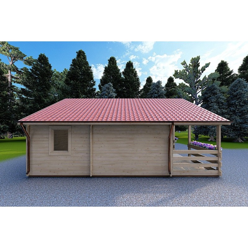 Casa di legno SMERALDA 6x6 con mezzanino calpestabile 14.35 m² e terrazza 17 m² 44 mm, lato sinistro