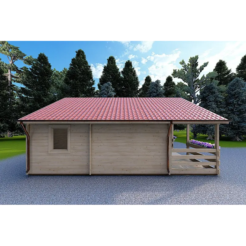 Casa di legno SMERALDA 6x6 con mezzanino calpestabile 14.35 m² e terrazza 17 m² 44 mm, lato sinistro
