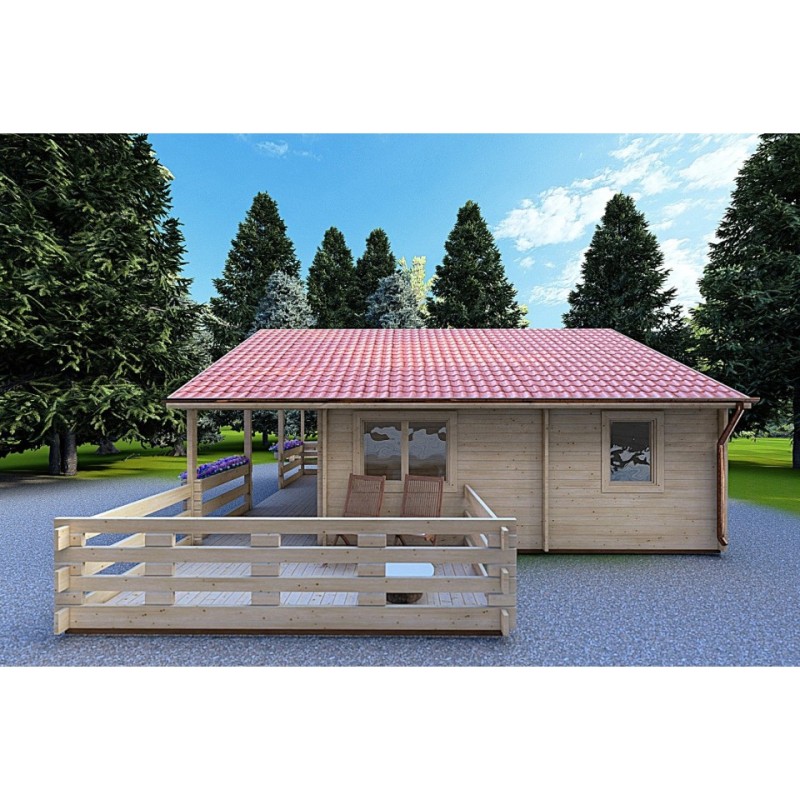 Casa di legno SMERALDA 6x6 con mezzanino calpestabile 14.35 m² e terrazza 17 m² 44 mm, lato destro