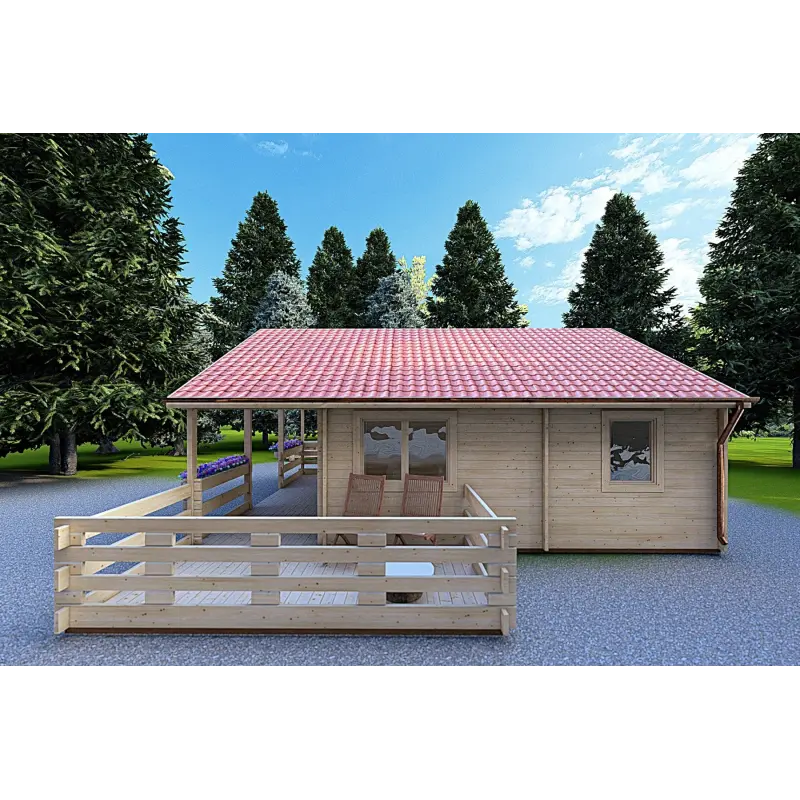 Casa di legno SMERALDA 6x6 con mezzanino calpestabile 14.35 m² e terrazza 17 m² 44 mm, lato destro