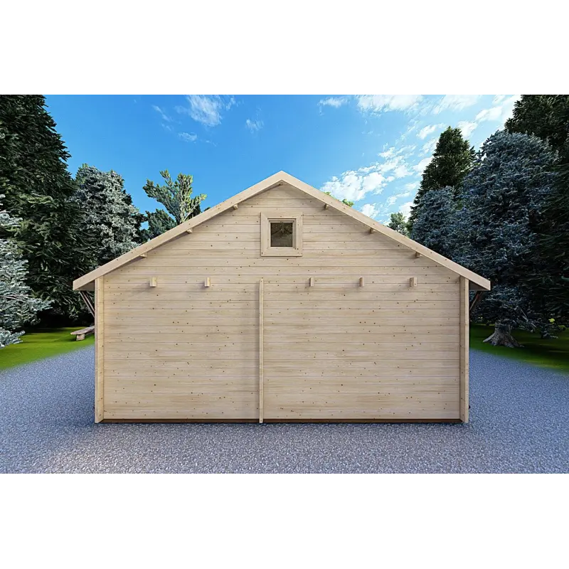 Casa di legno SMERALDA 6x6 con mezzanino calpestabile 14.35 m² e terrazza 17 m² 44 mm, retro