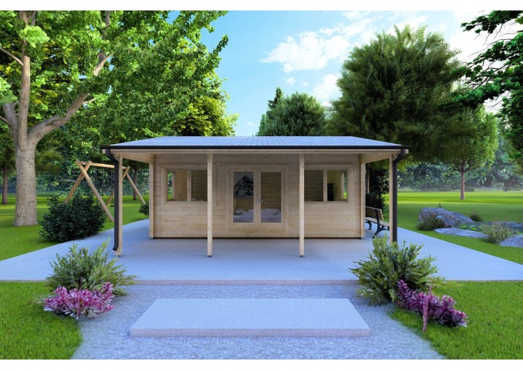 Casetta da giardino NELLA 6x4.2 con tettoia integrata 6x1.6 44 mm, vista frontale