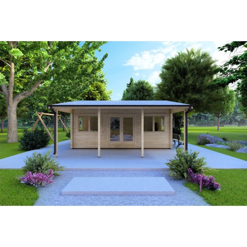 Casetta da giardino NELLA 6x4.2 con tettoia integrata 6x1.6 44 mm, vista frontale