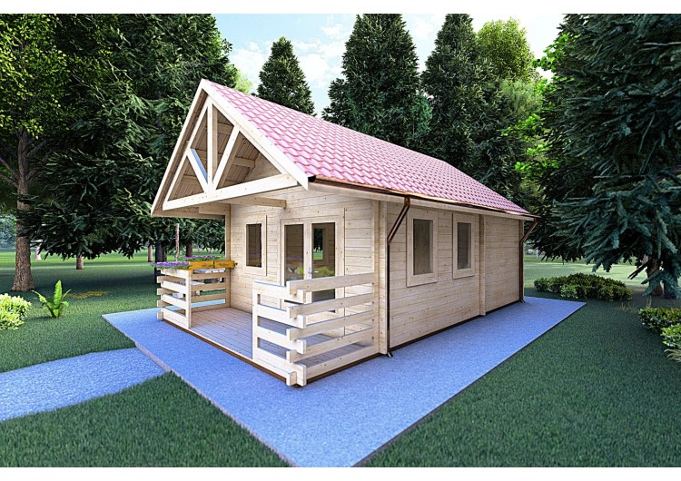 Casa in legno con portico e mezzanino GAIA 33.30 m² 44 mm, fronte lato destro