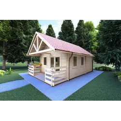 Casa in legno con portico e mezzanino GAIA 33.30 m² 44 mm, fronte lato destro
