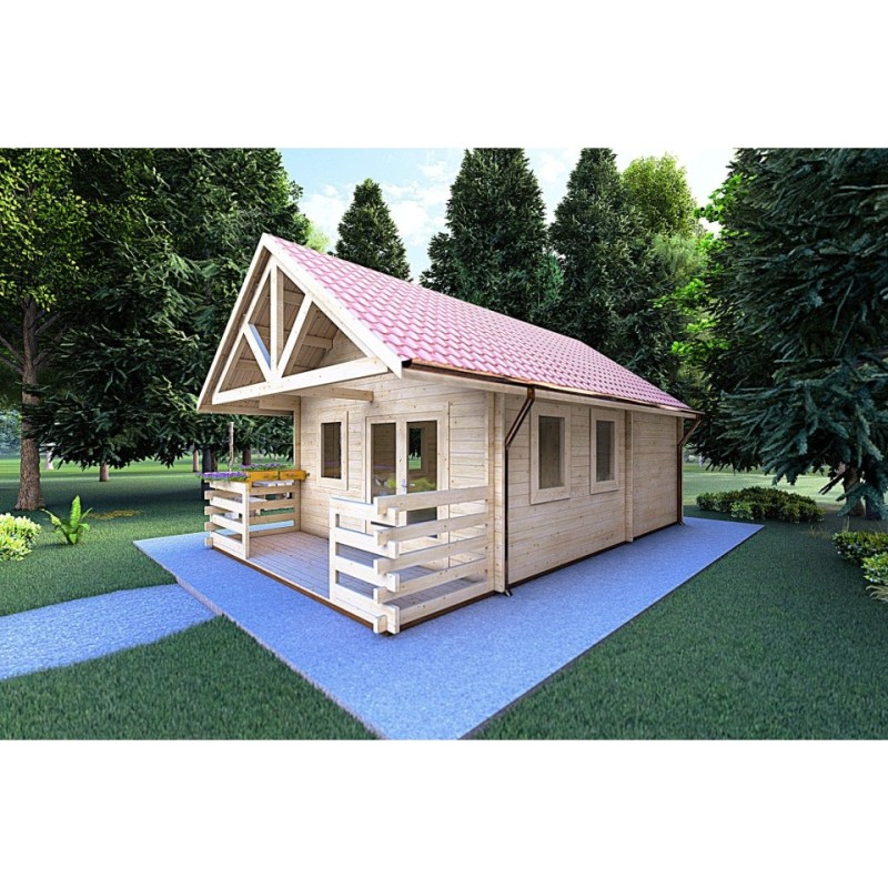 Casa in legno con portico e mezzanino GAIA 33.30 m² 44 mm, fronte lato destro