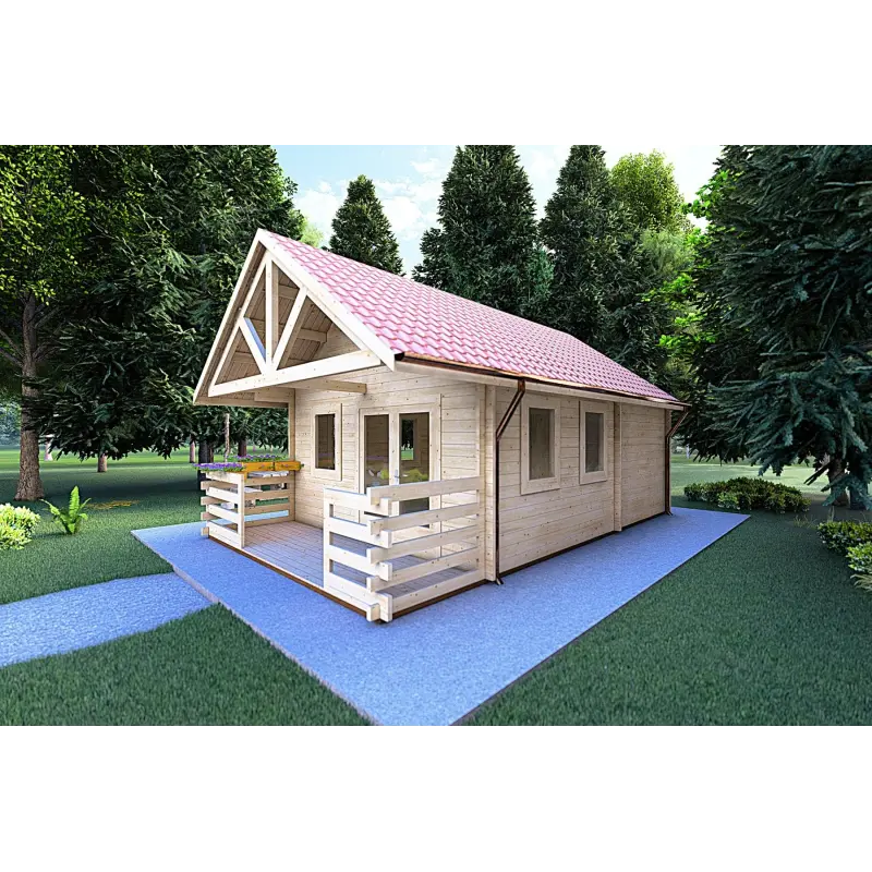 Casa in legno con portico e mezzanino GAIA 33.30 m² 44 mm, fronte lato destro