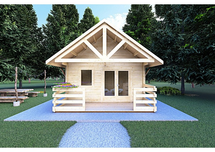 Casa in legno con portico e mezzanino GAIA 33.30 m² 44 mm, vista frontale