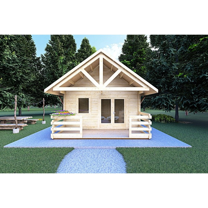 Casa in legno con portico e mezzanino GAIA 33.30 m² 44 mm, vista frontale