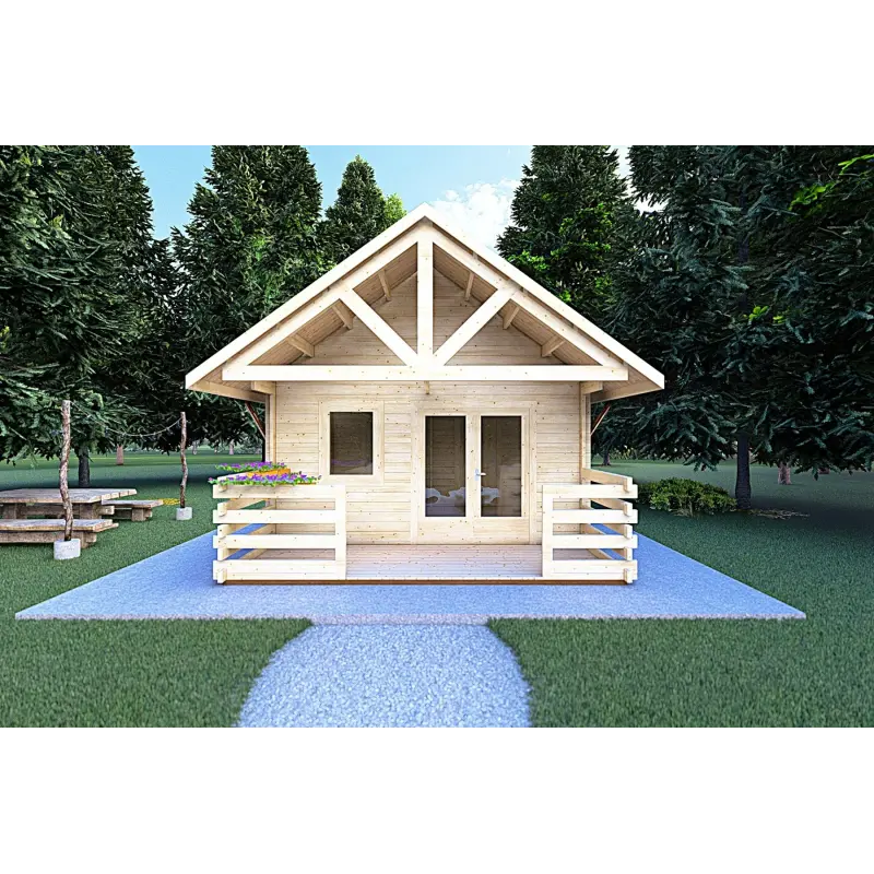 Casa in legno con portico e mezzanino GAIA 33.30 m² 44 mm, vista frontale