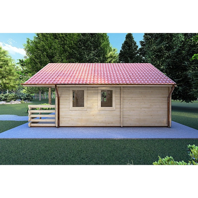 Casa in legno con portico e mezzanino GAIA 33.30 m² 44 mm, lato destro