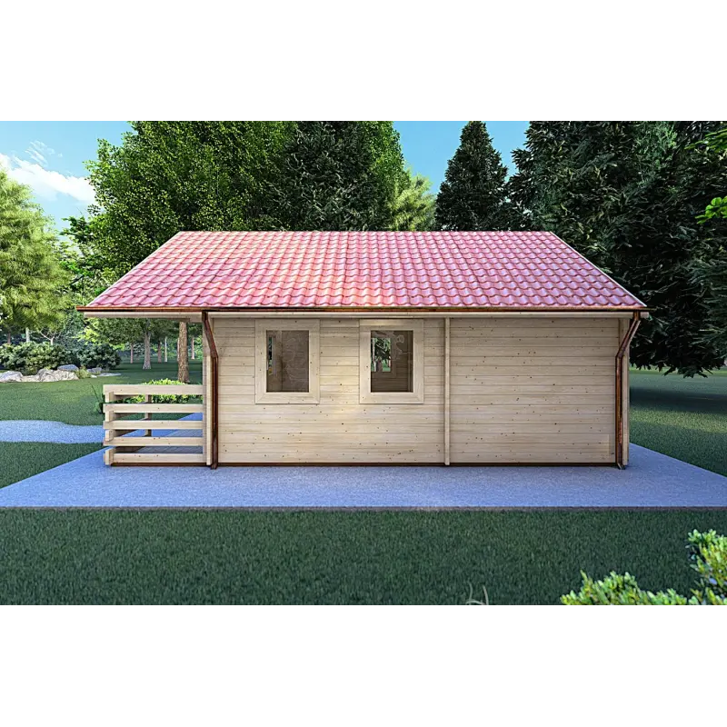 Casa in legno con portico e mezzanino GAIA 33.30 m² 44 mm, lato destro