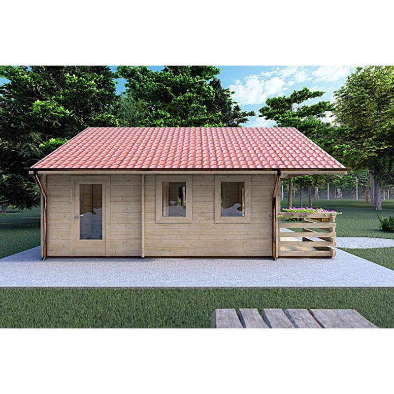 Casa in legno con portico e mezzanino GAIA 33.30 m² 44 mm, lato sinistro