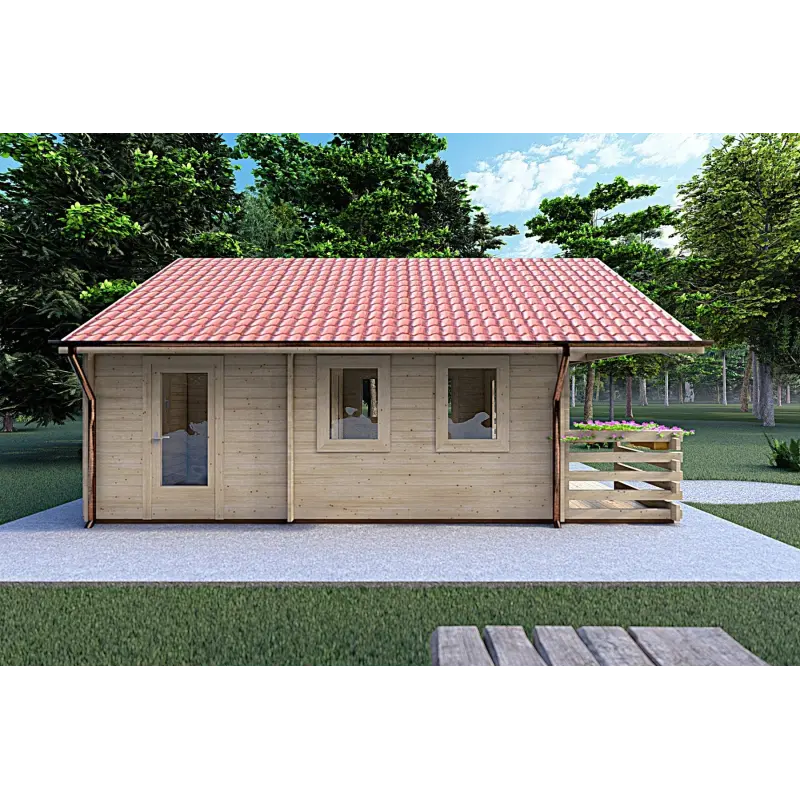 Casa in legno con portico e mezzanino GAIA 33.30 m² 44 mm, lato sinistro