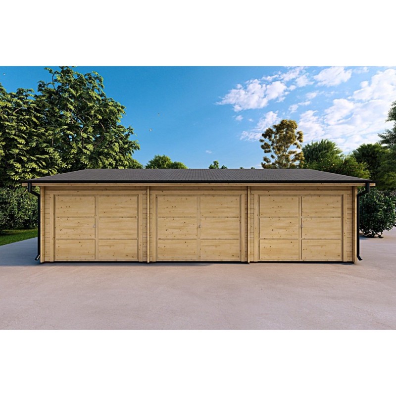 Garage in legno TRE POSTI 9x6 44mm, vista frontale