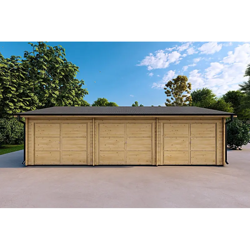 Garage in legno TRE POSTI 9x6 44mm, vista frontale