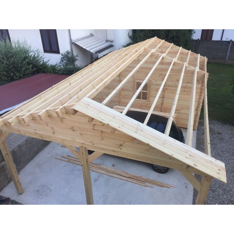 Tettoia auto in legno DOPPIA con ripostiglio 6x7.75 44mm, realizzazione tetto