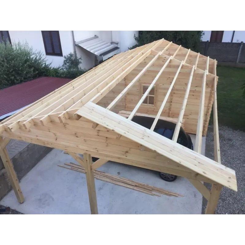 Tettoia auto in legno DOPPIA con ripostiglio 6x7 44mm, realizzazione tetto