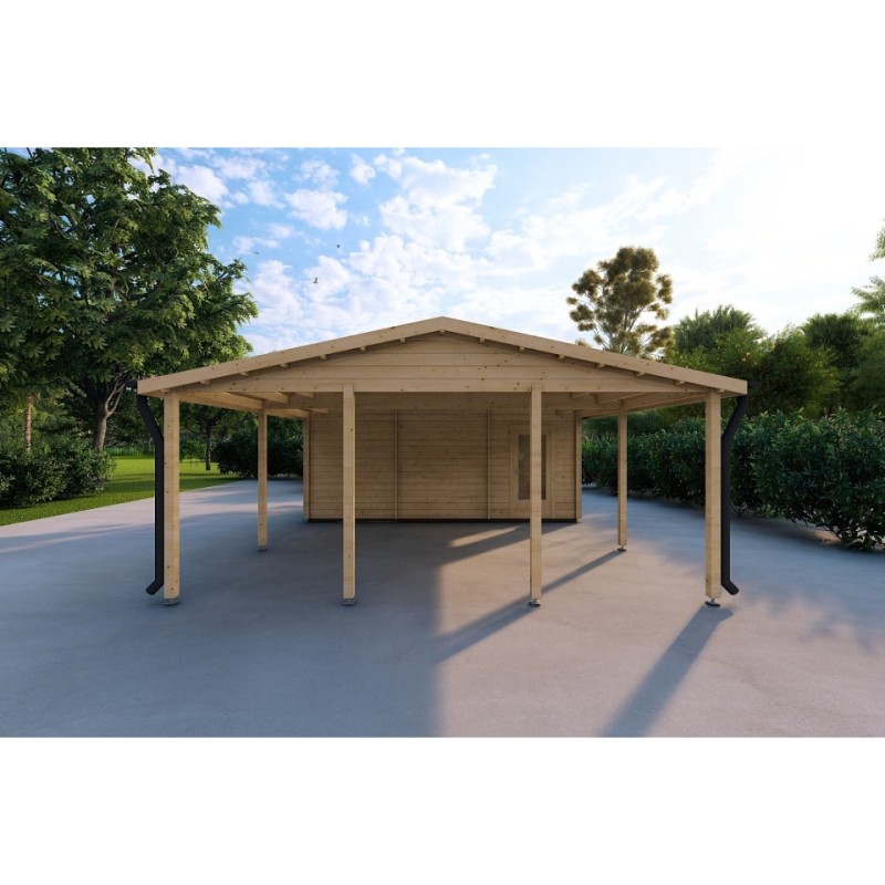 Tettoia auto in legno DOPPIA con ripostiglio 6x7.75 44mm, vista frontale