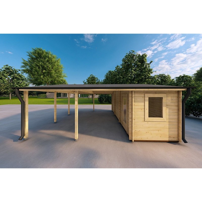 Tettoia auto in legno DOPPIA con ripostiglio 6x7.75 44mm, lato destro