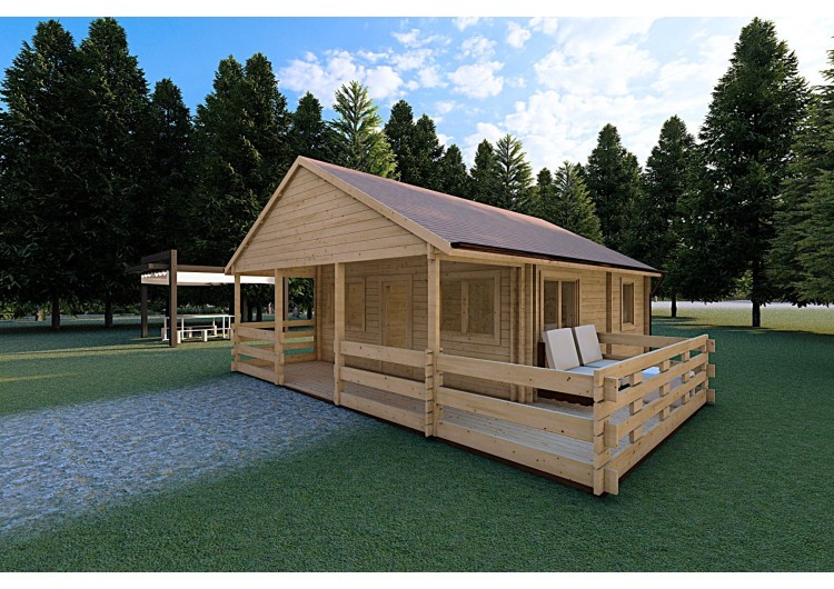 Casa di legno coibentata SMERALDA 6x6 con mezzanino e terrazza 44/100/44 mm, fronte lato destro