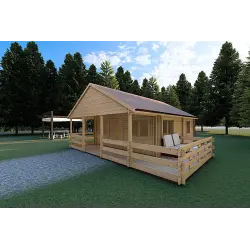 Casa di legno coibentata SMERALDA 6x6 con mezzanino e terrazza 44/100/44 mm, fronte lato destro