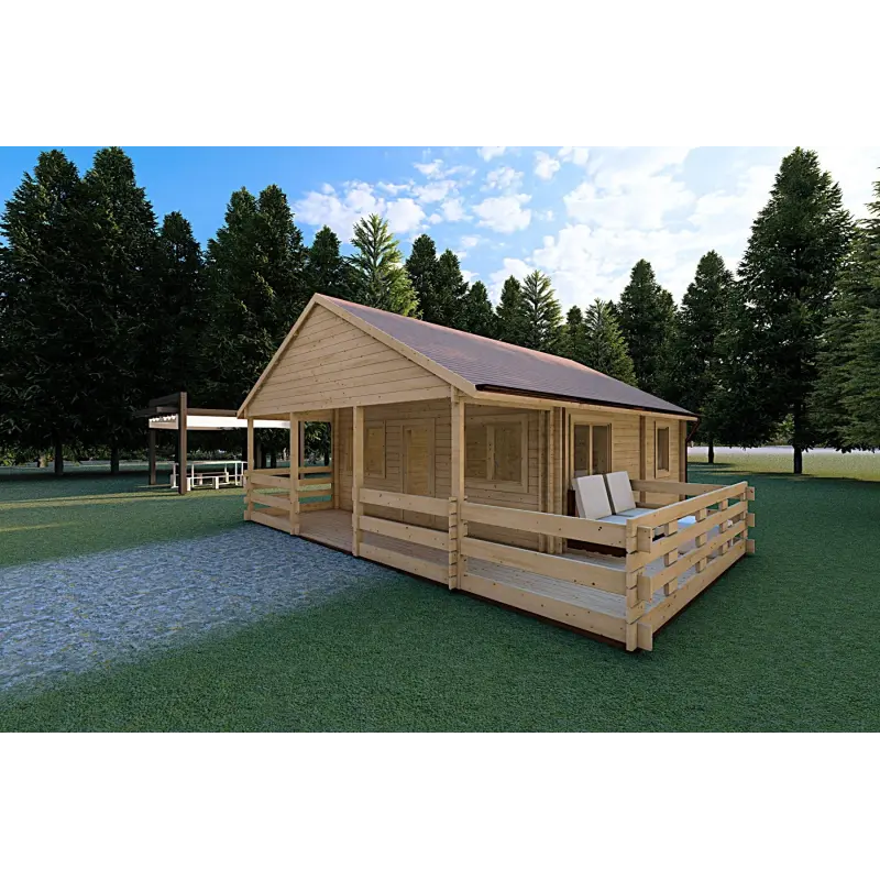 Casa di legno coibentata SMERALDA 6x6 con mezzanino e terrazza 44/100/44 mm, fronte lato destro