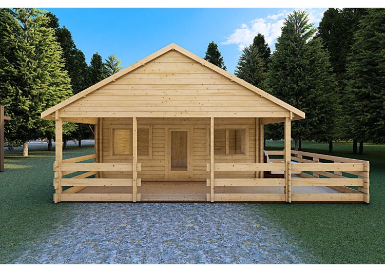 Casa di legno coibentata SMERALDA 6x6 con mezzanino e terrazza 44/100/44 mm, vista frontale