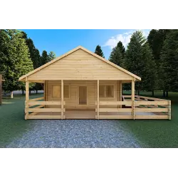 Casa di legno coibentata SMERALDA 6x6 con mezzanino e terrazza 44/100/44 mm, vista frontale