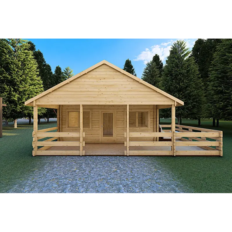 Casa di legno coibentata SMERALDA 6x6 con mezzanino e terrazza 44/100/44 mm, vista frontale