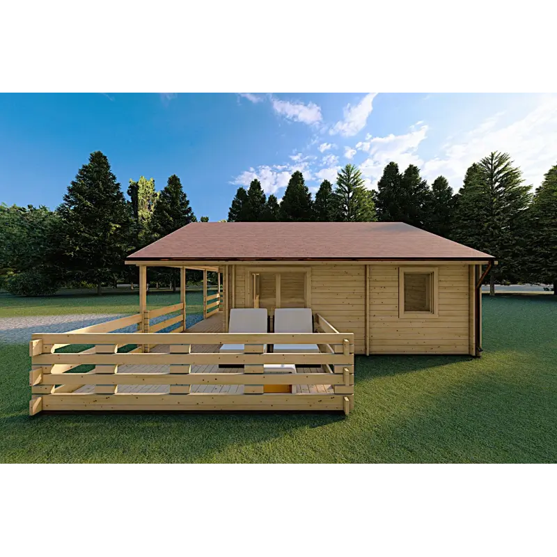 Casa di legno coibentata SMERALDA 6x6 con mezzanino e terrazza 44/100/44 mm, lato destro