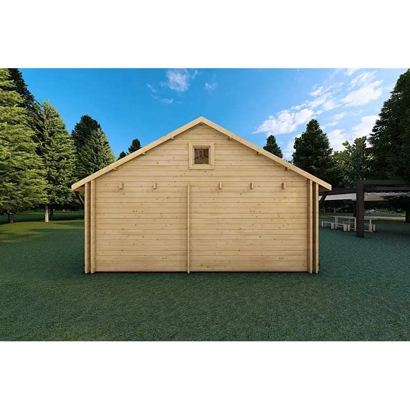 Casa di legno coibentata SMERALDA 6x6 con mezzanino e terrazza 44/100/44 mm, retro
