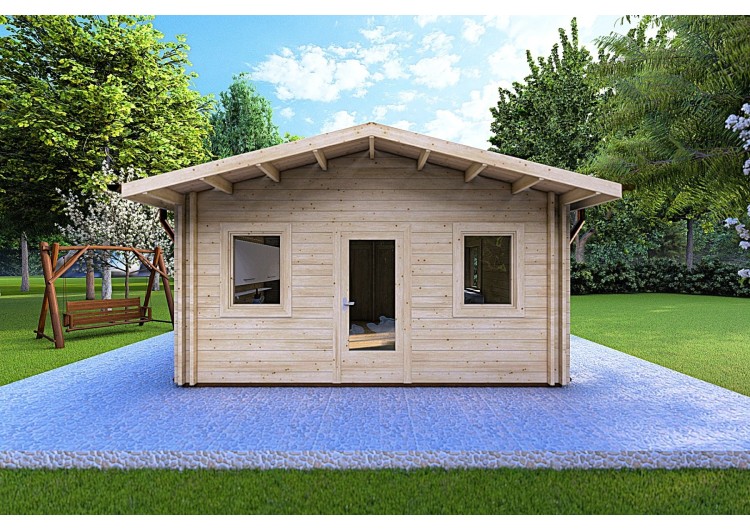 Casa di legno coibentata LARA 6x8 44/100/44 mm, vista frontale
