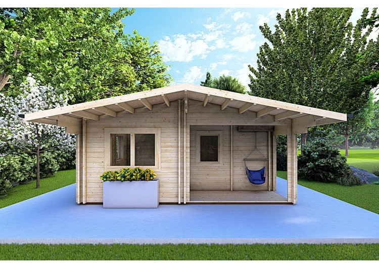 Casa di legno coibentata ELBA 6x6 44/100/44 mm, vista frontale