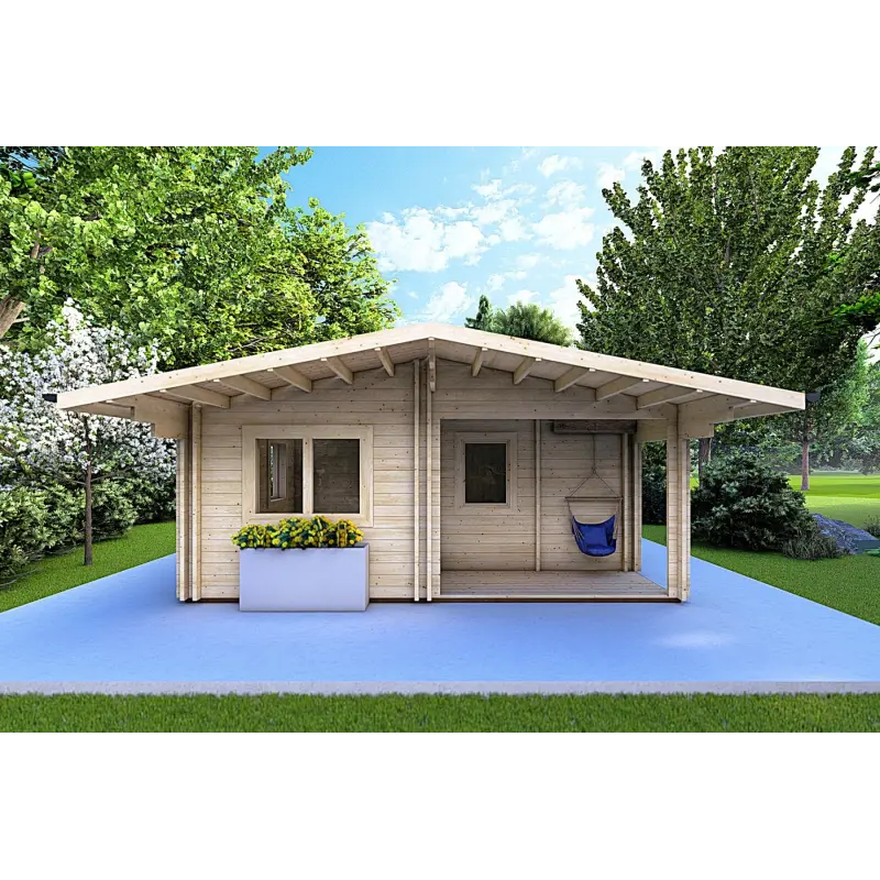 Casa di legno coibentata ELBA 6x6 44/100/44 mm, vista frontale