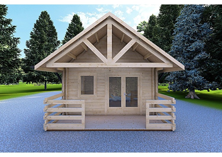 Casa di legno coibentata con mezzanino e terrazza GAIA 33.30 m² 44/100/44 mm, vista frontale