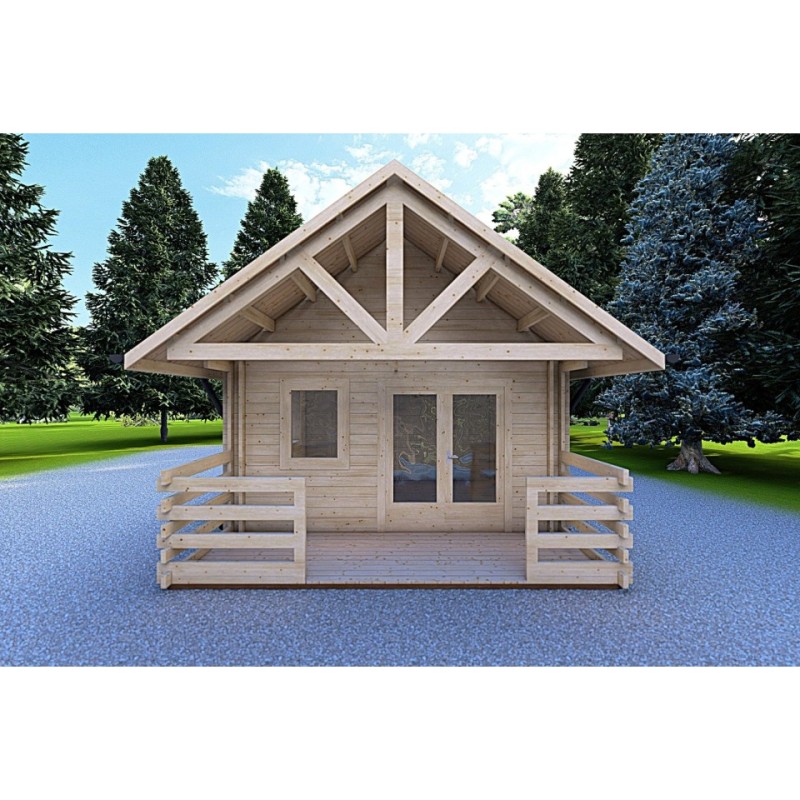 Casa di legno coibentata con mezzanino e terrazza GAIA 33.30 m² 44/100/44 mm, vista frontale