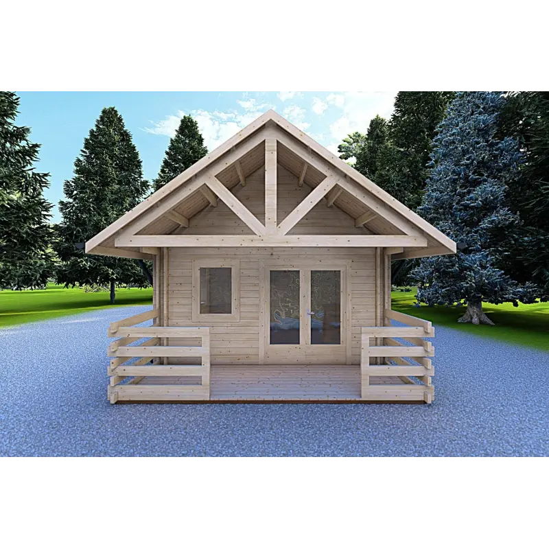 Casa di legno coibentata con mezzanino e terrazza GAIA 33.30 m² 44/100/44 mm, vista frontale