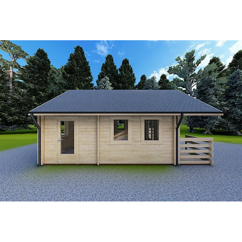 Casa di legno coibentata con mezzanino e terrazza GAIA 33.30 m² 44/100/44 mm, lato sinistro