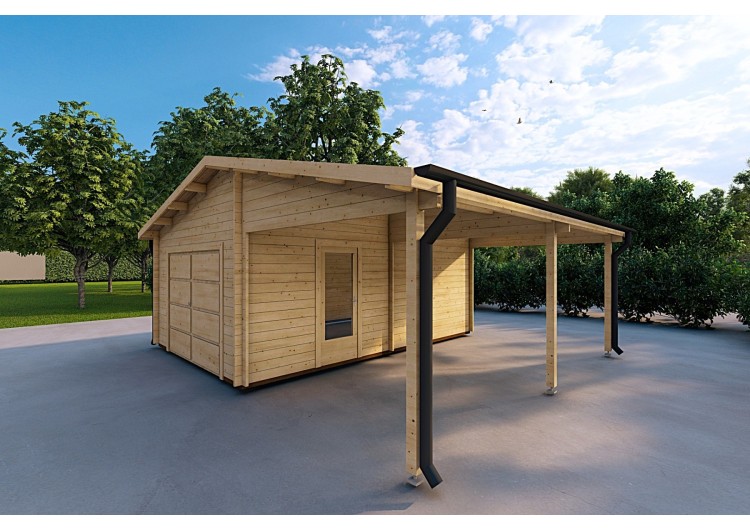 Garage di legno SINGOLO con tettoia 3x6 44mm, fronte lato destro