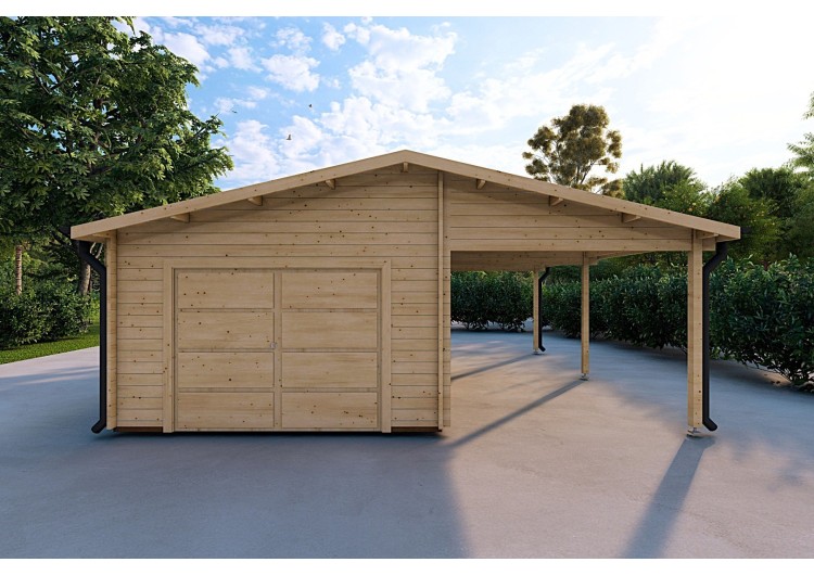 Garage di legno SINGOLO con tettoia 3x6 44mm, vista frontale