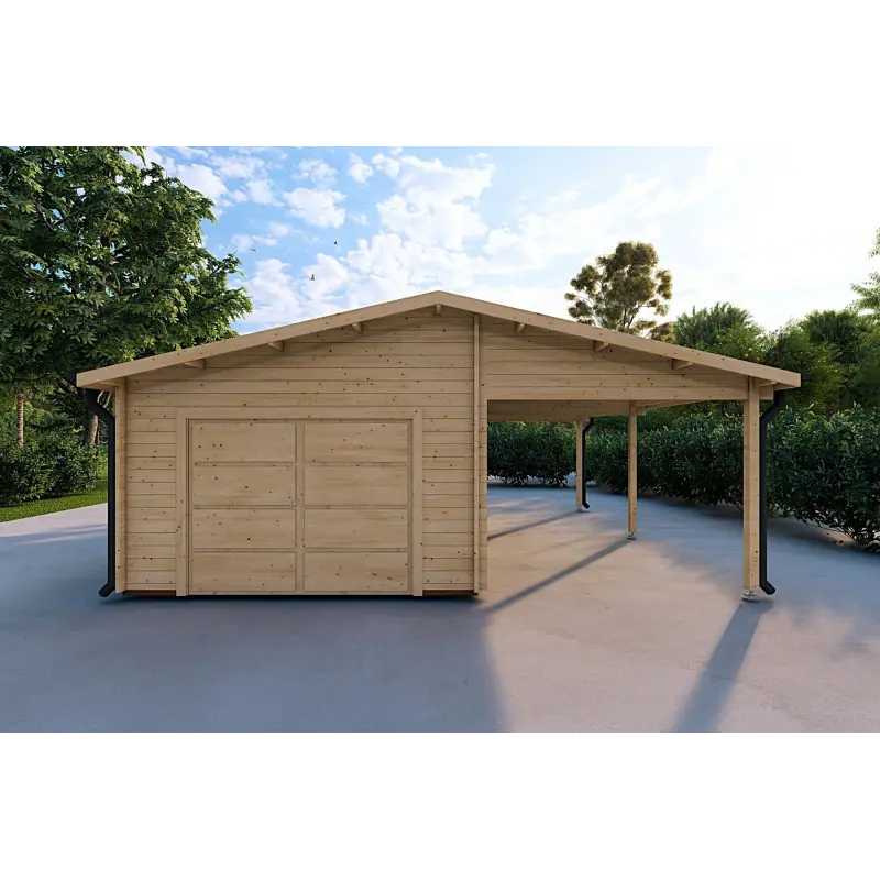 Garage di legno SINGOLO con tettoia 3x6 44mm, vista frontale