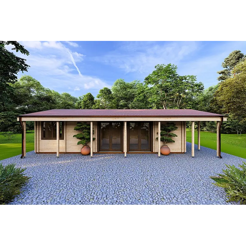 Casa in legno prefabbricata ad un piano 84 m² OLIMPIA 44/140/44 mm, vista frontale